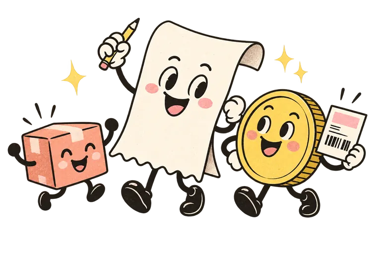 A friendly receipt, coin and shipping parcel cheering on your next sale